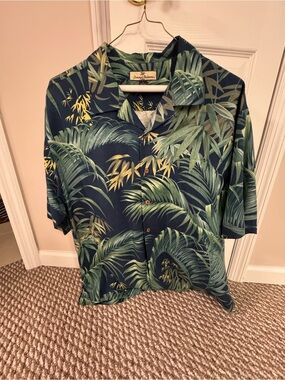 Tommy Bahama Navy Short-Sleeve Palm Print Camp Shirt